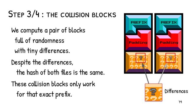 Step 3/4 : the collision blocks
We compute a pair of blocks
full of randomness
with tiny differences.
Despite the differences,
the hash of both files is the same.
These collision blocks only work
for that exact prefix.
PREFIX
Padding
PREFIX
Padding
Differences
79
