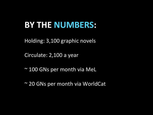 BY	  THE	  NUMBERS:	  
	  
Holding:	  3,100	  graphic	  novels	  
	  
Circulate:	  2,100	  a	  year	  
	  
~	  100	  GNs	  per	  month	  via	  MeL	  
	  
~	  20	  GNs	  per	  month	  via	  WorldCat	  
