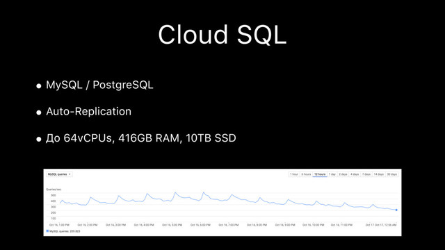 Cloud SQL
• MySQL / PostgreSQL
• Auto-Replication
• До 64vCPUs, 416GB RAM, 10TB SSD
