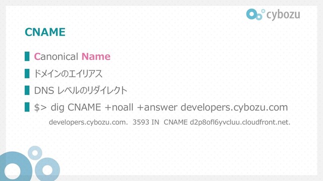 CNAME
▌Canonical Name
▌ドメインのエイリアス
▌DNS レベルのリダイレクト
▌$> dig CNAME +noall +answer developers.cybozu.com
developers.cybozu.com. 3593 IN CNAME d2p8ofl6yvcluu.cloudfront.net.
