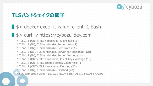 TLSハンドシェイクの様⼦
▌$> docker exec -it kaiun_client_1 bash
▌$> curl -v https://cybozu-dev.com
* TLSv1.3 (OUT), TLS handshake, Client hello (1):
* TLSv1.3 (IN), TLS handshake, Server hello (2):
* TLSv1.2 (IN), TLS handshake, Certificate (11):
* TLSv1.2 (IN), TLS handshake, Server key exchange (12):
* TLSv1.2 (IN), TLS handshake, Server finished (14):
* TLSv1.2 (OUT), TLS handshake, Client key exchange (16):
* TLSv1.2 (OUT), TLS change cipher, Client hello (1):
* TLSv1.2 (OUT), TLS handshake, Finished (20):
* TLSv1.2 (IN), TLS handshake, Finished (20):
* SSL connection using TLSv1.2 / ECDHE-RSA-AES128-GCM-SHA256
