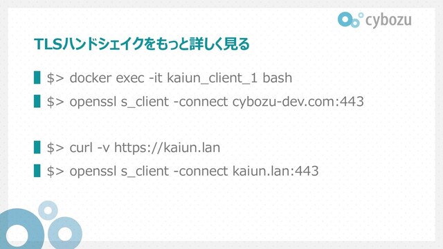 TLSハンドシェイクをもっと詳しく⾒る
▌$> docker exec -it kaiun_client_1 bash
▌$> openssl s_client -connect cybozu-dev.com:443
▌$> curl -v https://kaiun.lan
▌$> openssl s_client -connect kaiun.lan:443
