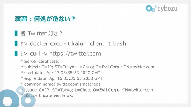 演習︓何処が危ない︖
▌皆 Twitter 好き︖
▌$> docker exec -it kaiun_client_1 bash
▌$> curl -v https://twitter.com
* Server certificate:
* subject: C=JP; ST=Tokyo; L=Chuo; O=Evil Corp.; CN=twitter.com
* start date: Apr 17 03:35:53 2020 GMT
* expire date: Apr 15 03:35:53 2030 GMT
* common name: twitter.com (matched)
* issuer: C=JP; ST=Tokyo; L=Chuo; O=Evil Corp.; CN=twitter.com
* SSL certificate verify ok.
