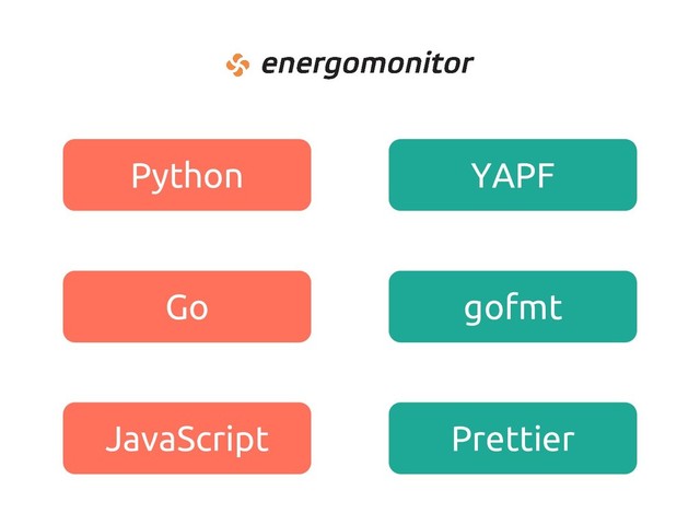 Python
Go
JavaScript
YAPF
gofmt
Prettier
