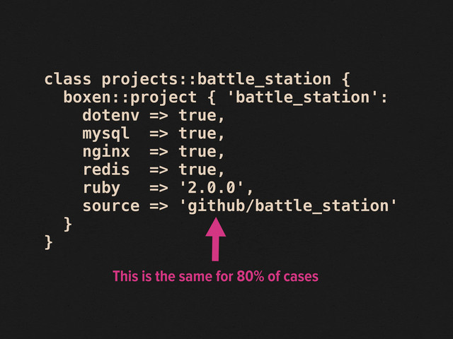 class projects::battle_station {
boxen::project { 'battle_station':
dotenv => true,
mysql => true,
nginx => true,
redis => true,
ruby => '2.0.0',
source => 'github/battle_station'
}
}
This is the same for 80% of cases
