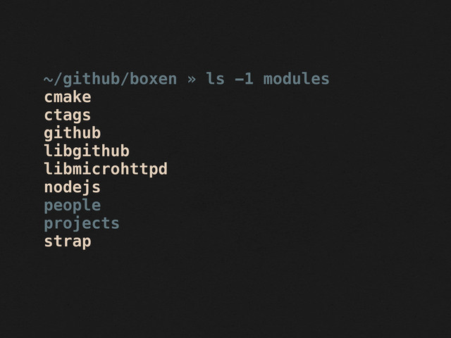 ~/github/boxen » ls -1 modules
cmake
ctags
github
libgithub
libmicrohttpd
nodejs
people
projects
strap
