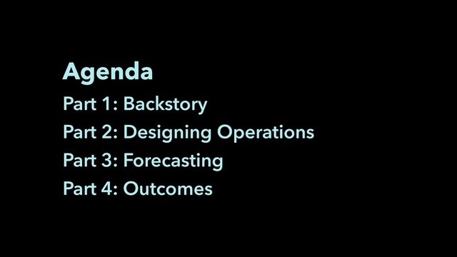 Agenda
Part 1: Backstory
Part 2: Designing Operations
Part 3: Forecasting
Part 4: Outcomes
