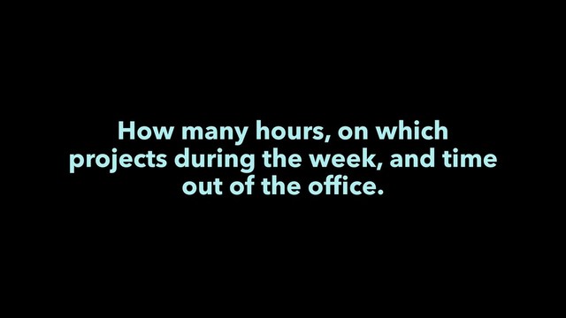 How many hours, on which
projects during the week, and time
out of the ofﬁce.
