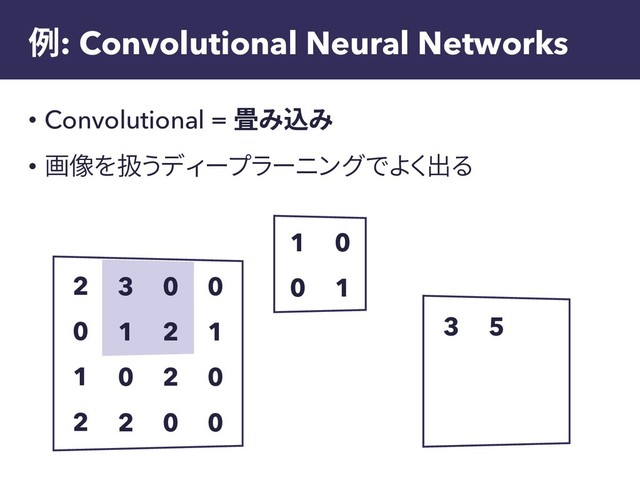 例: Convolutional Neural Networks
• Convolutional = 畳み込み
• 画像を扱うディープラーニングでよく出る
0
1
0
0
0
2
2
0
3
1
0
2
2
0
1
2
5
3
0
1
1
0
