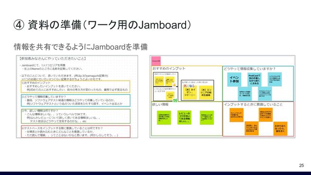 ④ 資料の準備（ワーク用のJamboard）
情報を共有できるようにJamboardを準備
25
