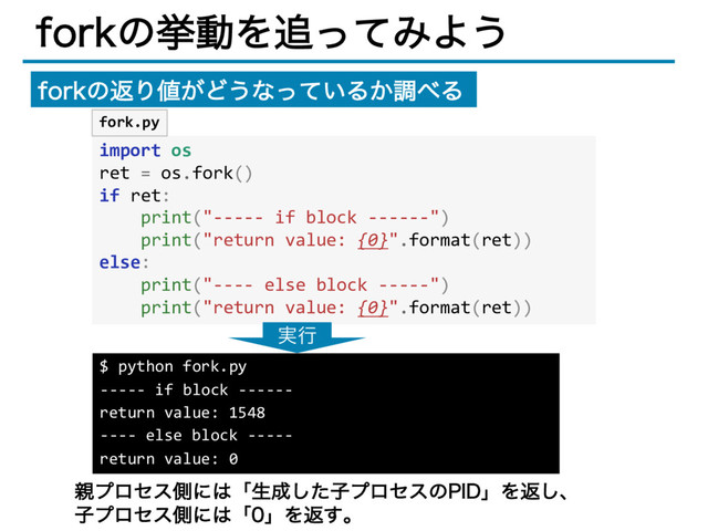 GPSLͷڍಈΛ௥ͬͯΈΑ͏
import os
ret = os.fork()
if ret:
print("----- if block ------")
print("return value: {0}".format(ret))
else:
print("---- else block -----")
print("return value: {0}".format(ret))
$ python fork.py
----- if block ------
return value: 1548
---- else block -----
return value: 0
࣮ߦ
਌ϓϩηεଆʹ͸ʮੜ੒ͨ͠ࢠϓϩηεͷ1*%ʯΛฦ͠ɺ
ࢠϓϩηεଆʹ͸ʮʯΛฦ͢ɻ
GPSLͷฦΓ஋͕Ͳ͏ͳ͍ͬͯΔ͔ௐ΂Δ
fork.py

