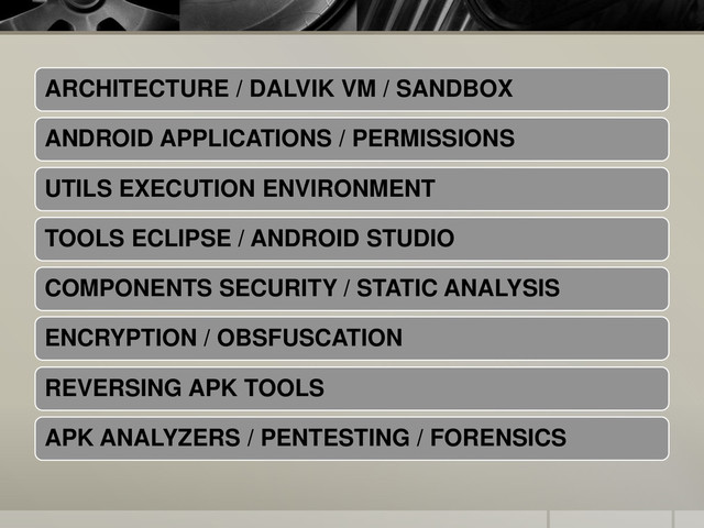 ARCHITECTURE / DALVIK VM / SANDBOX
ANDROID APPLICATIONS / PERMISSIONS
UTILS EXECUTION ENVIRONMENT
TOOLS ECLIPSE / ANDROID STUDIO
COMPONENTS SECURITY / STATIC ANALYSIS
ENCRYPTION / OBSFUSCATION
REVERSING APK TOOLS
APK ANALYZERS / PENTESTING / FORENSICS
