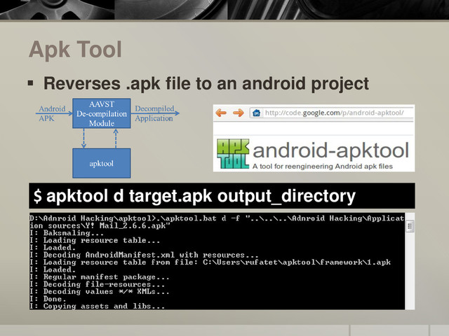 Apk Tool
 Reverses .apk file to an android project
$ apktool d target.apk output_directory
