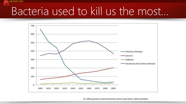 NETSPECTIVE
www.netspective.com 12
Bacteria used to kill us the most…
Per 100k population, Historical Statistics of the United States, Millennial Edition
