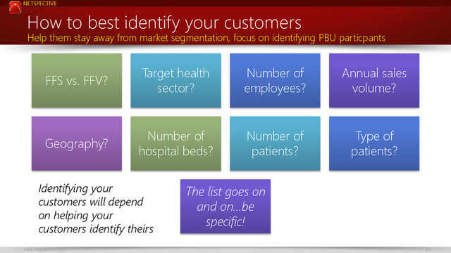 NETSPECTIVE
www.netspective.com 21
How to best identify your customers
FFS vs. FFV?
Target health
sector?
Number of
employees?
Annual sales
volume?
Geography?
Number of
hospital beds?
Number of
patients?
Type of
patients?
The list goes on
and on…be
specific!
Help them stay away from market segmentation, focus on identifying PBU particpants
Identifying your
customers will depend
on helping your
customers identify theirs
