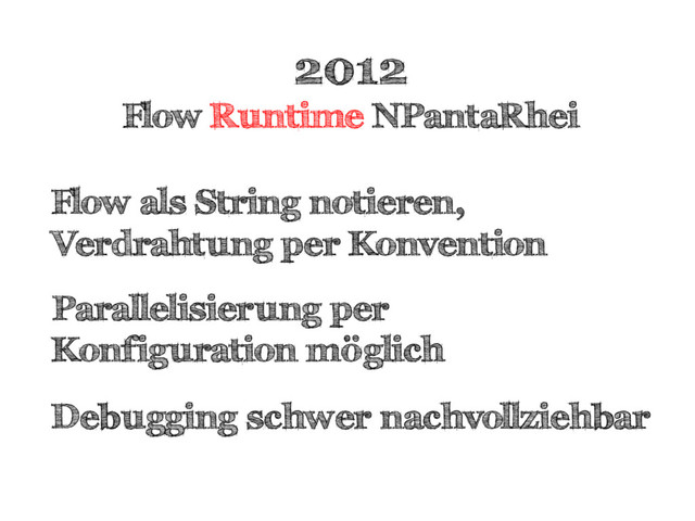 2012
Flow Runtime NPantaRhei
Flow als String notieren,
Verdrahtung per Konvention
Parallelisierung per
Konfiguration möglich
Debugging schwer nachvollziehbar
