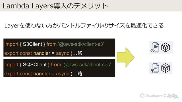 Lambda Layers導⼊のデメリット
Layerを使わない⽅がバンドルファイルのサイズを最適化できる
import { S3Client } from '@aws-sdk/client-s3’
export const handler = async (…略
import { SQSClient } from '@aws-sdk/client-sqs’
export const handler = async (…略
