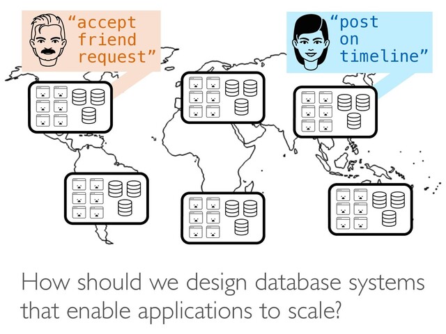 How should we design database systems
that enable applications to scale?
“post
on
timeline”
“accept
friend
request”
