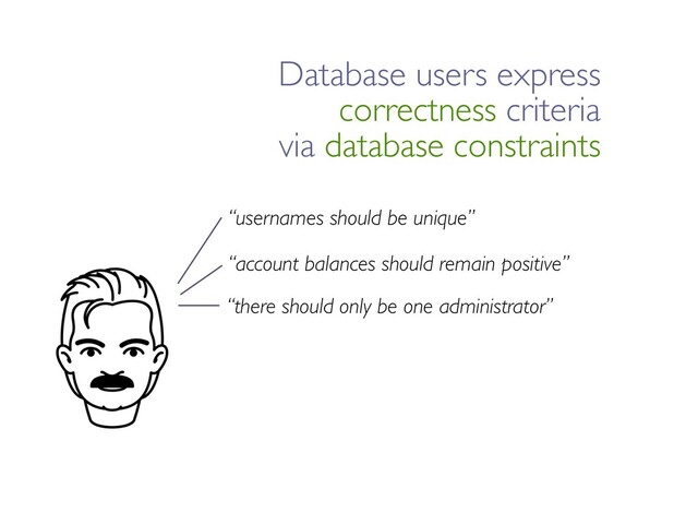 “usernames should be unique”
“account balances should remain positive”
“there should only be one administrator”
Database users express
correctness criteria
via database constraints
