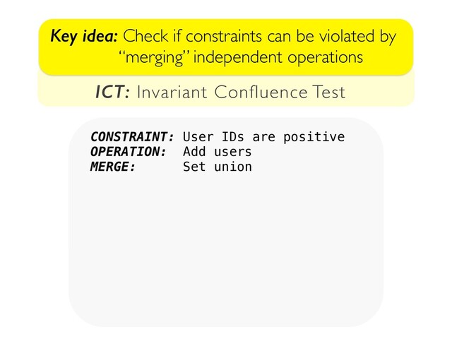 Key idea: Check if constraints can be violated by
“merging” independent operations
CONSTRAINT: User IDs are positive
OPERATION: Add users
MERGE: Set union
ICT: Invariant Confluence Test
