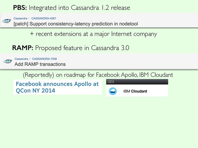 PBS: Integrated into Cassandra 1.2 release
RAMP: Proposed feature in Cassandra 3.0
(Reportedly) on roadmap for Facebook Apollo, IBM Cloudant
+ recent extensions at a major Internet company
