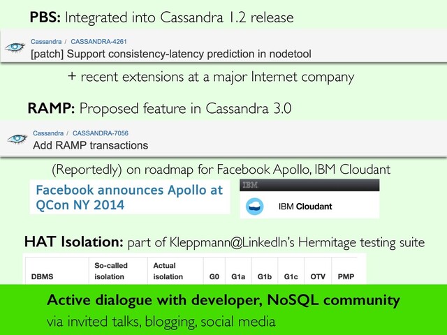 PBS: Integrated into Cassandra 1.2 release
RAMP: Proposed feature in Cassandra 3.0
(Reportedly) on roadmap for Facebook Apollo, IBM Cloudant
+ recent extensions at a major Internet company
HAT Isolation: part of Kleppmann@LinkedIn’s Hermitage testing suite
Active dialogue with developer, NoSQL community
via invited talks, blogging, social media
