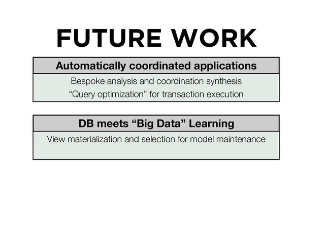 FUTURE WORK
Automatically coordinated applications
Bespoke analysis and coordination synthesis
“Query optimization” for transaction execution
DB meets “Big Data” Learning
View materialization and selection for model maintenance
