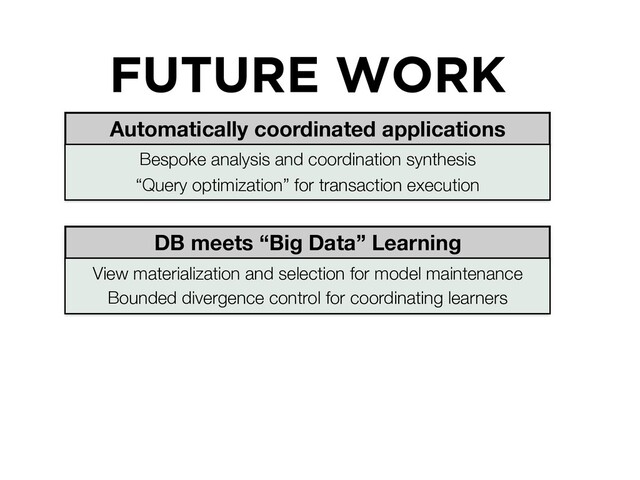 FUTURE WORK
Automatically coordinated applications
Bespoke analysis and coordination synthesis
“Query optimization” for transaction execution
DB meets “Big Data” Learning
View materialization and selection for model maintenance
Bounded divergence control for coordinating learners
