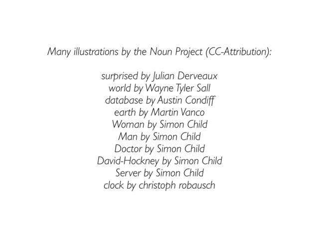 Many illustrations by the Noun Project (CC-Attribution):
surprised by Julian Derveaux
world by Wayne Tyler Sall
database by Austin Condiff
earth by Martin Vanco
Woman by Simon Child
Man by Simon Child
Doctor by Simon Child
David-Hockney by Simon Child
Server by Simon Child
clock by christoph robausch
