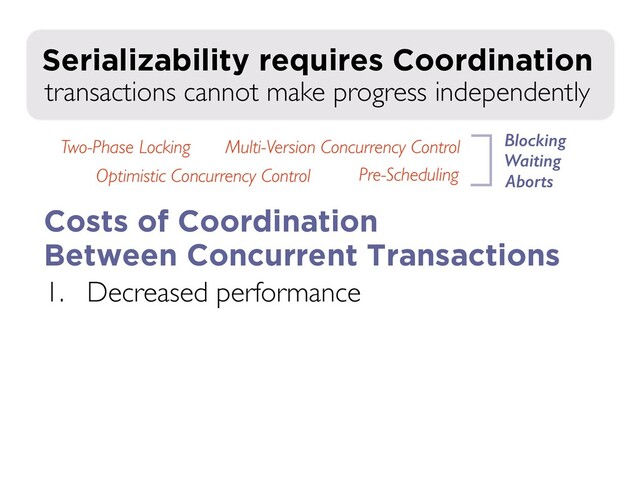 1. Decreased performance
transactions cannot make progress independently
Serializability requires Coordination
Two-Phase Locking
Optimistic Concurrency Control Pre-Scheduling
Multi-Version Concurrency Control Blocking
Waiting
Aborts
Costs of Coordination
Between Concurrent Transactions
