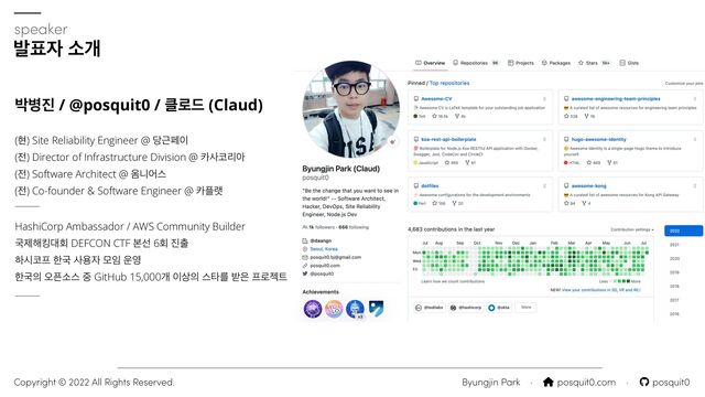 speaker
ߊ಴੗ ࣗѐ
Byungjin Park · ⌂ posquit0.com · posquit0
Copyright © 2022 All Rights Reserved.
߅߽૓ / @posquit0 / ௿۽٘ (Claud)
(അ) Site Reliability Engineer @ ׼Ӕಕ੉


(੹) Director of Infrastructure Division @ ஠ࢎ௏ܻই


(੹) Software Architect @ ১פযझ
 
(੹) Co-founder & Software Engineer @ ஠೒ۖ
HashiCorp Ambassador / AWS Community Builder
 
Ҵઁ೧ఊ؀ഥ DEFCON CTF ࠄࢶ 6ഥ ૓୹


ೞद௏೐ ೠҴ ࢎਊ੗ ݽ੐ ਍৔


ೠҴ੄ য়೑ࣗझ ઺ GitHub 15,000ѐ ੉࢚੄ झఋܳ ߉਷ ೐۽ં౟
