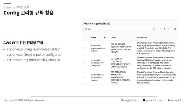 Byungjin Park · ⌂ posquit0.com · posquit0
Copyright © 2022 All Rights Reserved.
Con
fi
g ҙܻഋ ӏ஗ ഝਊ
Extra for AWS ECR
- ecr-private-image-scanning-enabled


- ecr-private-lifecycle-policy-con
fi
gured


- ecr-private-tag-immutability-enabled


AWS ECR ҙ۲ ҙܻഋ ӏ஗

