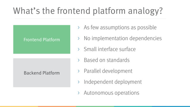 What’s the frontend platform analogy?
> As few assumptions as possible
> No implementation dependencies
> Small interface surface
> Based on standards
> Parallel development
> Independent deployment
> Autonomous operations
Backend Platform
Frontend Platform
