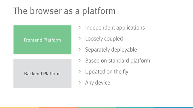 The browser as a platform
> Independent applications
> Loosely coupled
> Separately deployable
> Based on standard platform
> Updated on the fly
> Any device
Backend Platform
Frontend Platform
