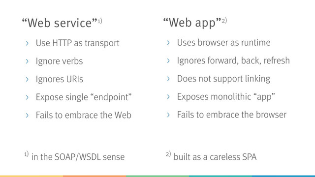 “Web service”1)
> Use HTTP as transport
> Ignore verbs
> Ignores URIs
> Expose single “endpoint”
> Fails to embrace the Web
1) in the SOAP/WSDL sense
“Web app”2)
> Uses browser as runtime
> Ignores forward, back, refresh
> Does not support linking
> Exposes monolithic “app”
> Fails to embrace the browser
2) built as a careless SPA
