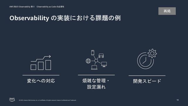 AWS 秋の Observability 祭り Observability as Code の必要性
© 2023, Amazon Web Services, Inc. or its affiliates. All rights reserved. Amazon Confidential and Trademark.
Observability の実装における課題の例
18
開発スピード
変化への対応 煩雑な管理・
設定漏れ
再掲
