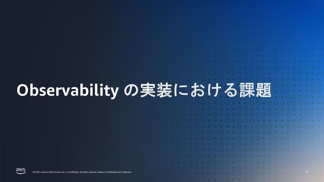 AWS 秋の Observability 祭り Observability as Code の必要性
© 2023, Amazon Web Services, Inc. or its affiliates. All rights reserved. Amazon Confidential and Trademark.
© 2023, Amazon Web Services, Inc. or its affiliates. All rights reserved. Amazon Confidential and Trademark.
Observability の実装における課題
4
