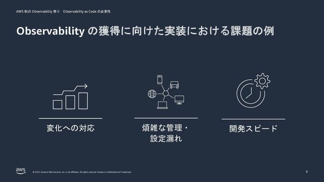 AWS 秋の Observability 祭り Observability as Code の必要性
© 2023, Amazon Web Services, Inc. or its affiliates. All rights reserved. Amazon Confidential and Trademark.
Observability の獲得に向けた実装における課題の例
6
開発スピード
変化への対応 煩雑な管理・
設定漏れ
