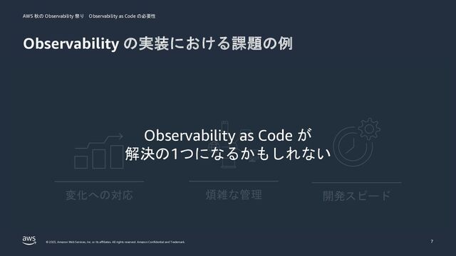 AWS 秋の Observability 祭り Observability as Code の必要性
© 2023, Amazon Web Services, Inc. or its affiliates. All rights reserved. Amazon Confidential and Trademark.
Observability の実装における課題の例
7
開発スピード
変化への対応 煩雑な管理
Observability as Code が
解決の1つになるかもしれない
