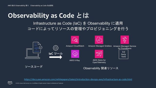 AWS 秋の Observability 祭り Observability as Code の必要性
© 2023, Amazon Web Services, Inc. or its affiliates. All rights reserved. Amazon Confidential and Trademark.
Observability as Code とは
ソースコード
IaC ツール
Observability 関連リソース
https://docs.aws.amazon.com/whitepapers/latest/introduction-devops-aws/infrastructure-as-code.html
3rd
Party
Tools
AWS X-Ray AWS Distro for
OpenTelemetry
Amazon Managed Service
for Prometheus
Amazon Managed Grafana
Amazon CloudWatch
Infrastructure as Code (IaC) を Observability に適用
コードによってリソースの管理やプロビジョニングを行う
