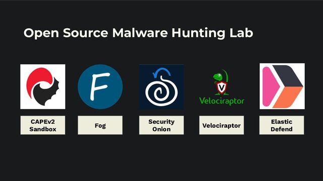 Open Source Malware Hunting Lab
CAPEv2
Sandbox
Fog
Security
Onion
Velociraptor
Elastic
Defend
