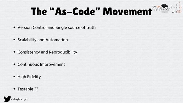 abhaybhargav
The “As-Code” Movement
• Version Control and Single source of truth
• Scalability and Automation
• Consistency and Reproducibility
• Continuous Improvement
• High Fidelity
• Testable ??
