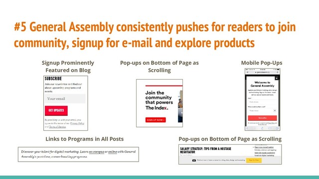 #5 General Assembly consistently pushes for readers to join
community, signup for e-mail and explore products
Signup Prominently
Featured on Blog
Pop-ups on Bottom of Page as Scrolling
Mobile Pop-Ups
Links to Programs in All Posts
Pop-ups on Bottom of Page as
Scrolling

