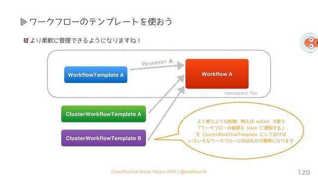 CloudNative Days Tokyo 2021 | @makocchi 120
より柔軟に管理できるようになりますね！
WorkflowTemplate A Workflow A
namespace foo
Parameter: A
ワークフローのテンプレートを使おう
ClusterWorkflowTemplate A
ClusterWorkflowTemplate B
よく使うような処理、例えば onExit で使う
「ワークフローの結果を slack に通知する」
を ClusterWorkflowTemplate にしておけば
いろいろなワークフローに仕込むのが簡単になります
