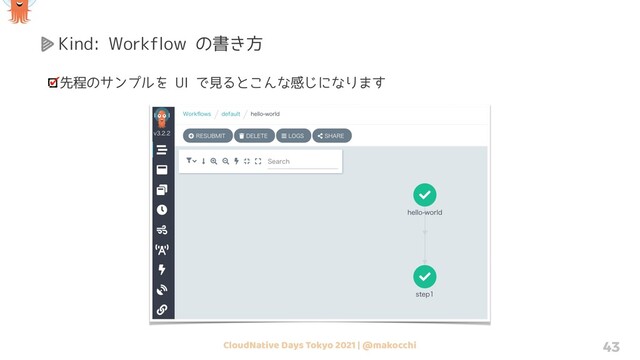 CloudNative Days Tokyo 2021 | @makocchi 43
Kind: Workflow の書き方
先程のサンプルを UI で見るとこんな感じになります
