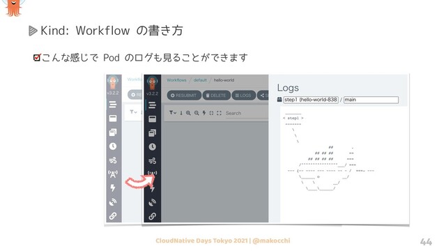 CloudNative Days Tokyo 2021 | @makocchi 44
Kind: Workflow の書き方
こんな感じで Pod のログも見ることができます
