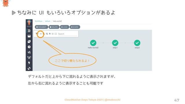 CloudNative Days Tokyo 2021 | @makocchi 47
ちなみに UI もいろいろオプションがあるよ
デフォルトだと上から下に流れるように表示されますが、
左から右に流れるように表示することも可能です
ここで切り替えられるよ！
