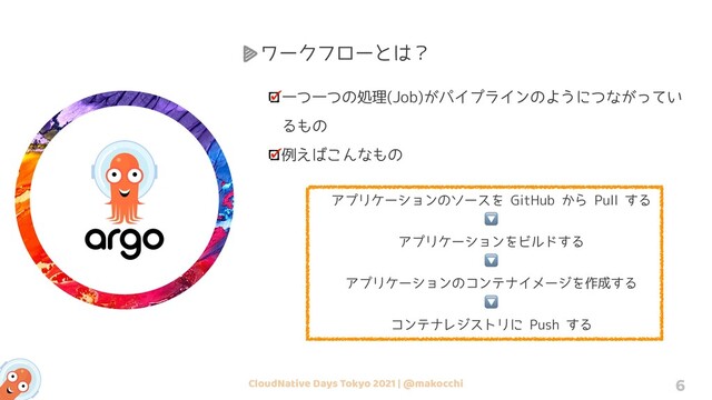CloudNative Days Tokyo 2021 | @makocchi 6
一つ一つの処理(Job)がパイプラインのようにつながってい
るもの
例えばこんなもの
アプリケーションのソースを GitHub から Pull する
🔽
アプリケーションをビルドする
🔽
アプリケーションのコンテナイメージを作成する
🔽
コンテナレジストリに Push する
ワークフローとは？
