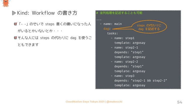 CloudNative Days Tokyo 2021 | @makocchi 54
Kind: Workflow の書き方
「- -」のせいで steps 書くの嫌いになった人
がいるとかいないとか・・・
そんな人には steps の代わりに dag を使うこ
ともできます
# ฒྻॲཧΛهड़͢Δ͜ͱ΋Մೳ
...
- name: main
dag:
tasks:
- name: step1
template: argosay
- name: step2-1
depends: "step1"
template: argosay
- name: step2-2
depends: "step1"
template: argosay
- name: step3
depends: "step2-1 && step2-2"
template: argosay
steps の代わりに
dag を記述する
