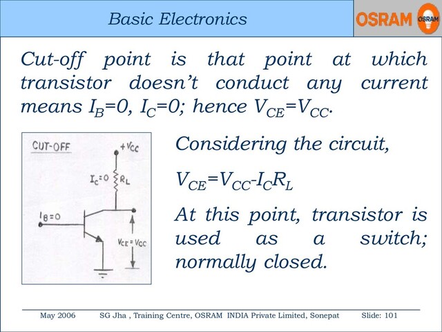 Basic Electronics
May 2006 SG Jha , Training Centre, OSRAM INDIA Private Limited, Sonepat Slide: 101
Basic Electronics
Cut-off point is that point at which
transistor doesn’t conduct any current
means IB
=0, IC
=0; hence VCE
=VCC
.
Considering the circuit,
VCE
=VCC
-IC
RL
At this point, transistor is
used as a switch;
normally closed.
